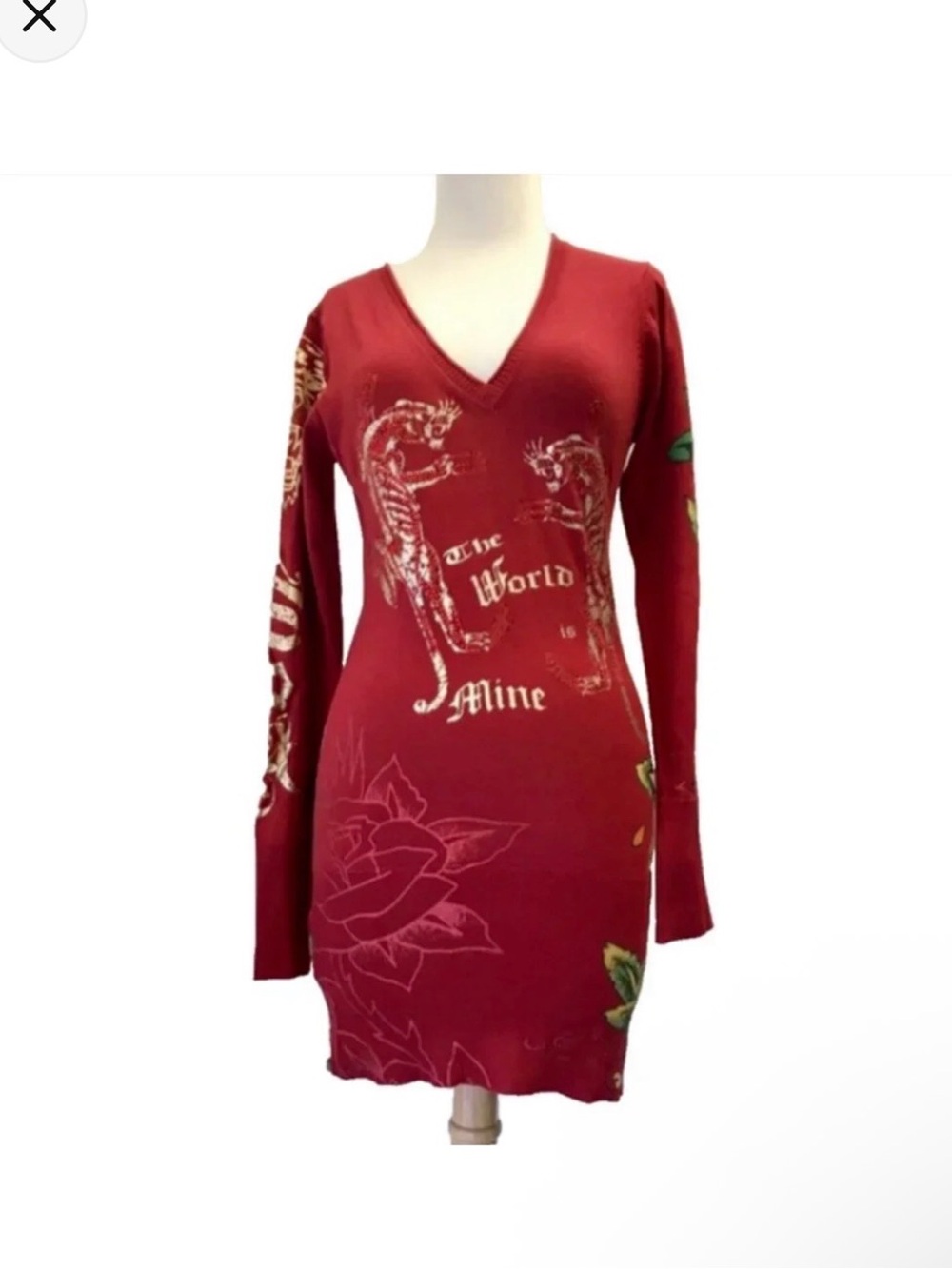 Ed Hardy Red V-Neck Graphic Long Sleeve Bodycon Dress